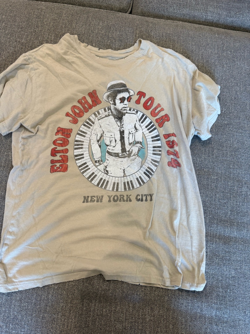 Elton John Tour Graphic Tee - Beige with Red & Black Print